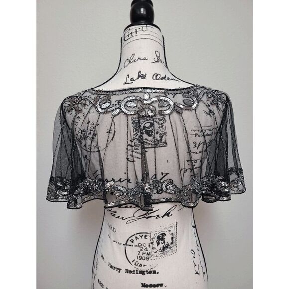 ✨ Sequin Mesh Evening Party Retro Flapper 1920s Shawl Wrap Cover Up Cape NEW - Picture 3 of 13